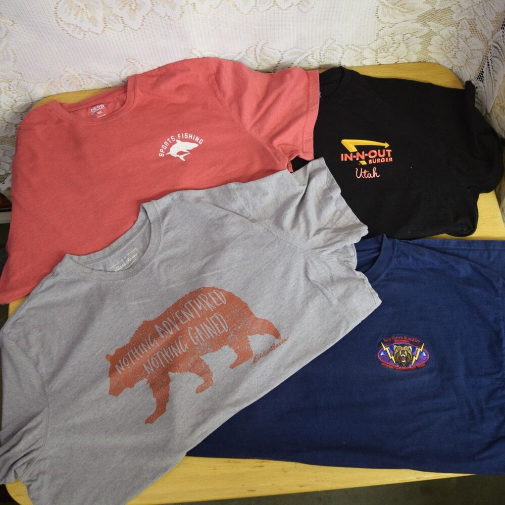 Lot of 4 Mens Size XXL T Shirt In N Out Utah Izod Eddie Bauer Adventure Cotton